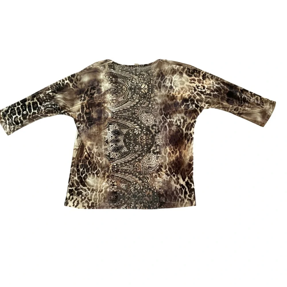 Chico's Blouse Women 2 Brown Animal Print Rhinestone Mixed Media 3/4 Sleeve Top